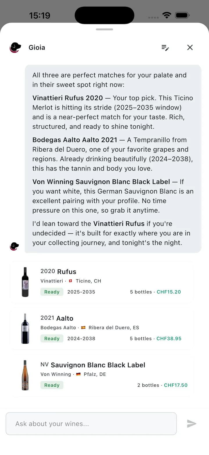 A conversation with Gioia, the AI sommelier, recommending three bottles from your own cellar