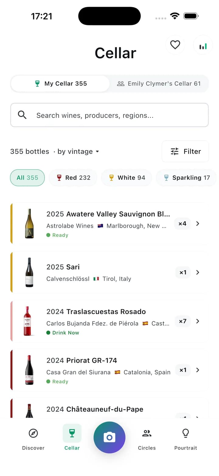 A wine cellar in Gioia listing every bottle with vintage, producer and region